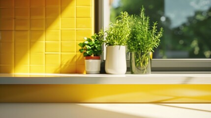  a window sill filled with potted plants next to a window sill with a yellow tiled wall behind it.