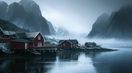  a group of red houses sitting on the shore of a body of water with mountains in the background on a foggy day. - Powered by Adobe