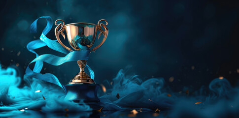 golden cup on a background of blue fabric with ribbons	
