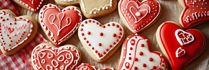 Delicious Heart Cookies with Icing Decor.
A delicious collection of heart-shaped cookies decorated with red icing. - Powered by Adobe