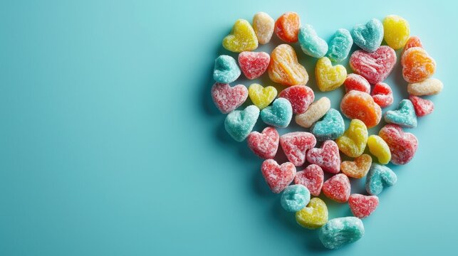 a heart made out of candy hearts on a blue background with the word love spelled in the middle of the heart.