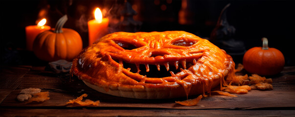 A pumpkin pie with a scary face and emotions lies on a dark wooden table surrounded by candles and pumpkins, emitting a warm spooky glow in a festive atmosphere. Halloween Recipes and Décor