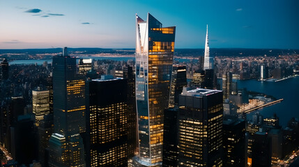 Panorama Around the 30 Hudson Yards Skyscraper in New York City, USA. Aerial Photo with a Modern Skyscraper with Observation Balcony for Travelers to Enjoy Panoramic Urban View - obrazy, fototapety, plakaty