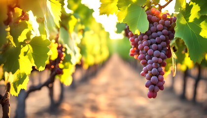 Fototapeta premium Fruit farm with grapes trees, Branch with natural grapes on blurred background of grapes orchard in golden hour