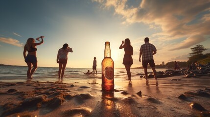 Beautiful woman holding glass of beer, walking on beach in summer travel - obrazy, fototapety, plakaty