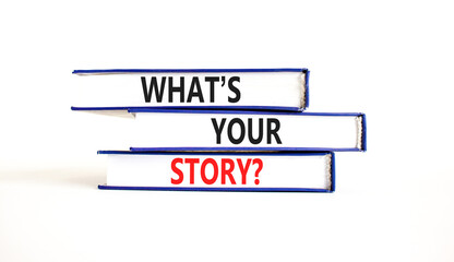 Storytelling and what is your story symbol. Concept words What is your story on beautiful books. Beautiful white table background. Business storytelling and what is your story concept. Copy space.