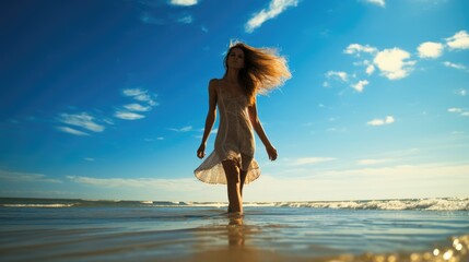 woman walks on beach in summer