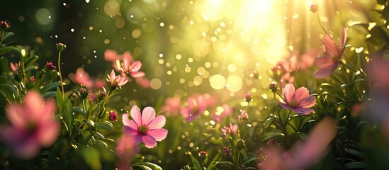The blooming flowers are beautiful, surrounded by green nature and shining sun.