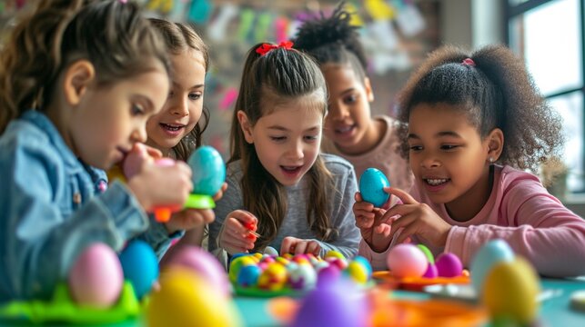 Group of kids gathered around a festive Easter table, excitedly decorating eggs with vibrant colors and patterns, the HD camera capturing their creative expressions and joyful camaraderie