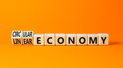 Circular or linear economy symbol. Concept words Circular economy or Linear economy on blocks. Beautiful orange table orange background. Business Circular or linear economy concept. Copy space.