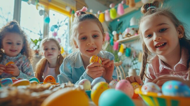 Group of kids gathered around a festive Easter table, excitedly decorating eggs with vibrant colors and patterns, the HD camera capturing their creative expressions and joyful camaraderie