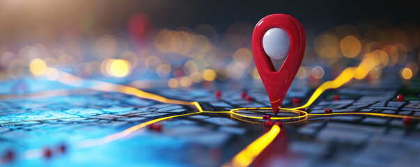 A glowing red marker stands out on the digital map, marking your destination