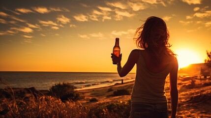 Beautiful woman holding glass of beer, walking on beach in summer travel
