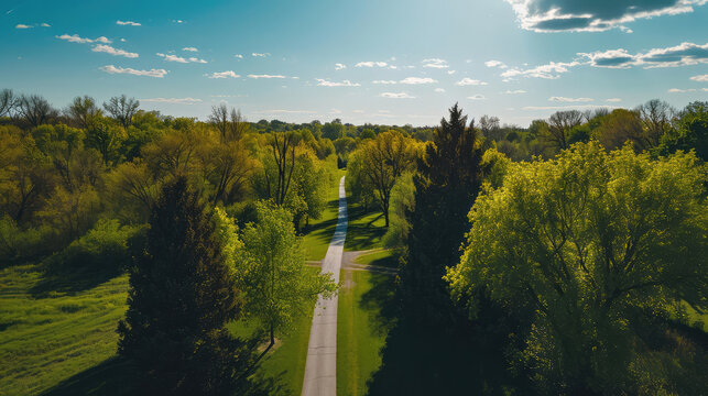 Lush green trees lining a park pathway seen from above.