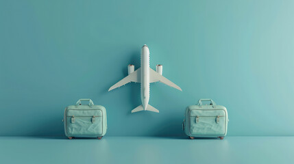 Model airplane between two suitcases on blue.