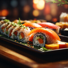Nice sushi salmon or sushi roll on the table.