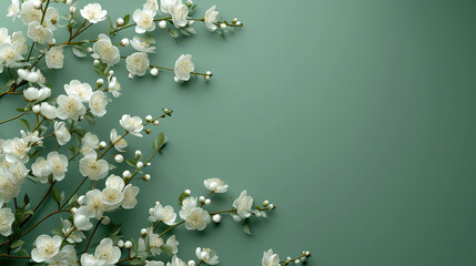 Abundant white flowers spread across a deep green canvas.