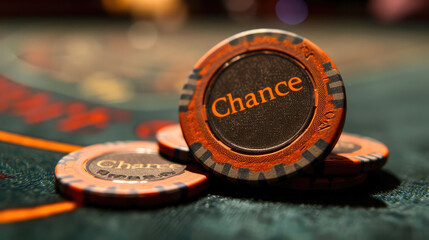 A close-up of a casino chip with 'Chance' embossed, highlighting the unpredictability of gambling. - obrazy, fototapety, plakaty