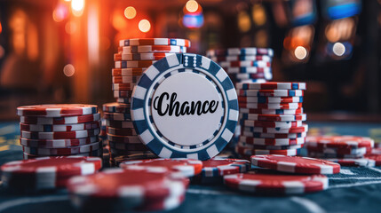 A towering stack of casino chips labeled 'Chance', representing opportunity and risk.