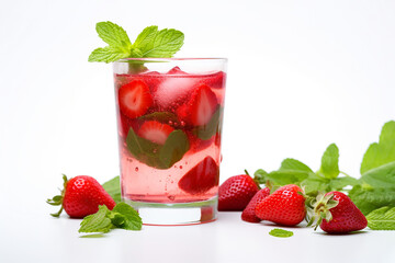 Strawberry Ice Tea in a glass with mint on white background