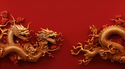 Golden Chinese wooden dragon statue in red background with flower, cloud and wave. Religion and culture of Chinese New Year 2024 concept.
