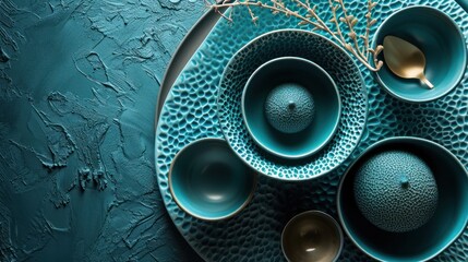  a close up of a blue plate with bowls and spoons on a blue surface with a sprig of twig.
