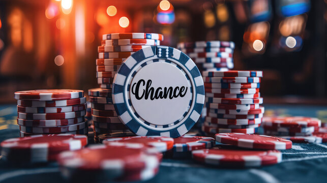 A towering stack of casino chips labeled 'Chance', representing opportunity and risk.