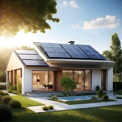 Solar panels generating electricity on a one-floor house with a plain gradient background. Photovoltaics. Renewable energy. Generated AI.