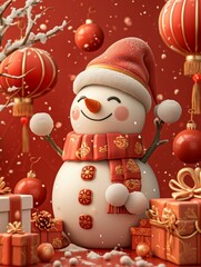 The snowman is happy in the New Year. The lanterns are hung on the branches. There are many presents on the ground