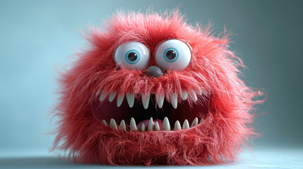 Fototapeta premium Cartoonish red furry monster with exaggerated eyes.