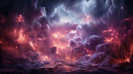 A stormy cloud glows from inside with bright pink and blue light, creating a neon background. - obrazy, fototapety, plakaty