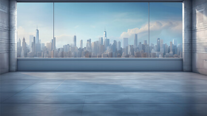 Fototapeta na wymiar Empty room with panoramic window and city view. 3D Rendering