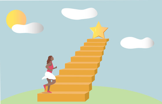 Woman in tennis style clothing climbing a ladder to reach her achievement represented with a gold star

