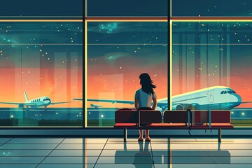 passenger is waiting in airport, in the style of graphic design-inspired illustrations, romantic emotivity - obrazy, fototapety, plakaty