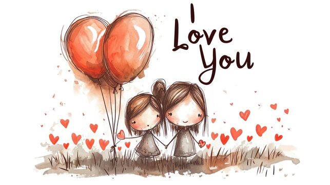  a drawing of two girls holding balloons with the words i love you written on the bottom of the picture and the words i love you written on the bottom of the balloons.