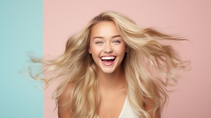 Explore hyper-realism in capturing the cheerful expression of a young woman with beautifully styled long blonde hair, set against a pastel flat background - obrazy, fototapety, plakaty