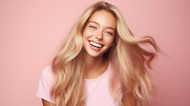 Explore hyper-realism in capturing the cheerful expression of a young woman with beautifully styled long blonde hair, set against a pastel flat background
