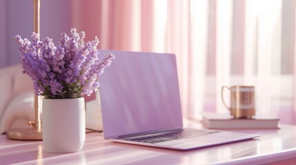  a laptop computer sitting on top of a desk next to a vase with purple flowers in front of a window.
