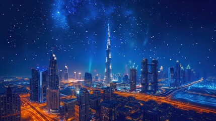  a night time view of a city with a lot of tall buildings and a lot of stars in the sky.
