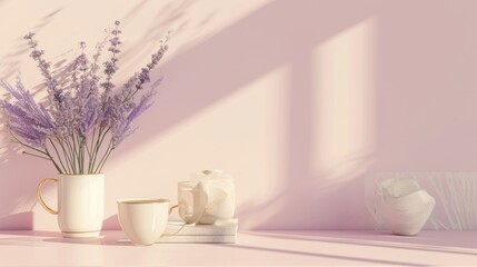  a vase filled with purple flowers next to a coffee cup and a vase filled with lavender flowers on a table.