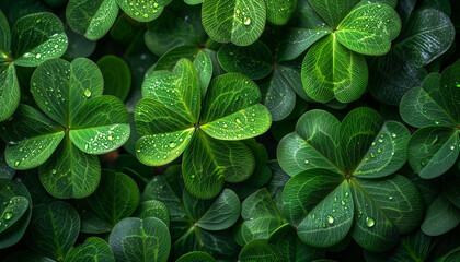 Background with clover leaves, shamrocks. Top view. St. Patrick's Day (Ireland) - obrazy, fototapety, plakaty