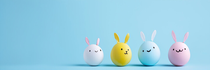 Colorful banner several colored Easter Eggs with faces and ears of rabbit on pastel soft blue paper banner background. Copy space.