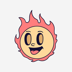 Vintage 90s cartoon burning sun character expression sticker comic vector design
