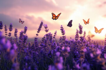 Lavender field with bees and butterflies fluttering