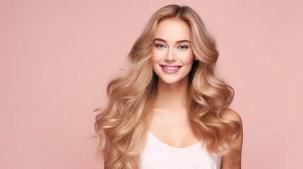 Showcase a young woman with radiant smiles, featuring long groomed blonde hair, isolated on a pastel flat background with copy space