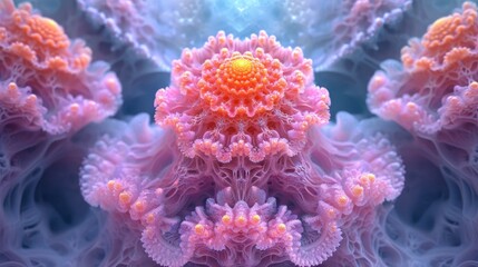  a close up view of an orange and pink sea anemone in a blue and pink sea anemone.