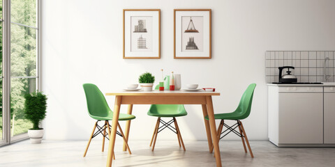 Minimal dining room interior design with green chair and table
