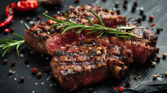 Grilled chops, Medium Beef Rib Eye steak slices, spices and salt on wooden board with fork and knife, Grilled medium rib eye steak with rosemary and pepper, Ai generated image