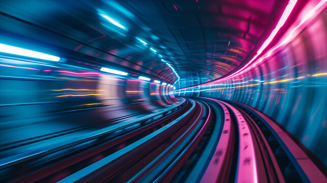 Fast moving train in tunnel, Fast underground subway train racing through the tunnels. Neon pink and blue light, Ai generated image