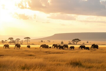 Herd of elephants crossing vast savannah at golden hour